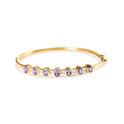 14K Yellow Gold Alternating Bezel Set 5MM Oval Shaped Tanzanite and 1/5 Cttw Diamond Bangle Bracelet (H-I Color, VS2-SI1 Clarity) - Fit&
