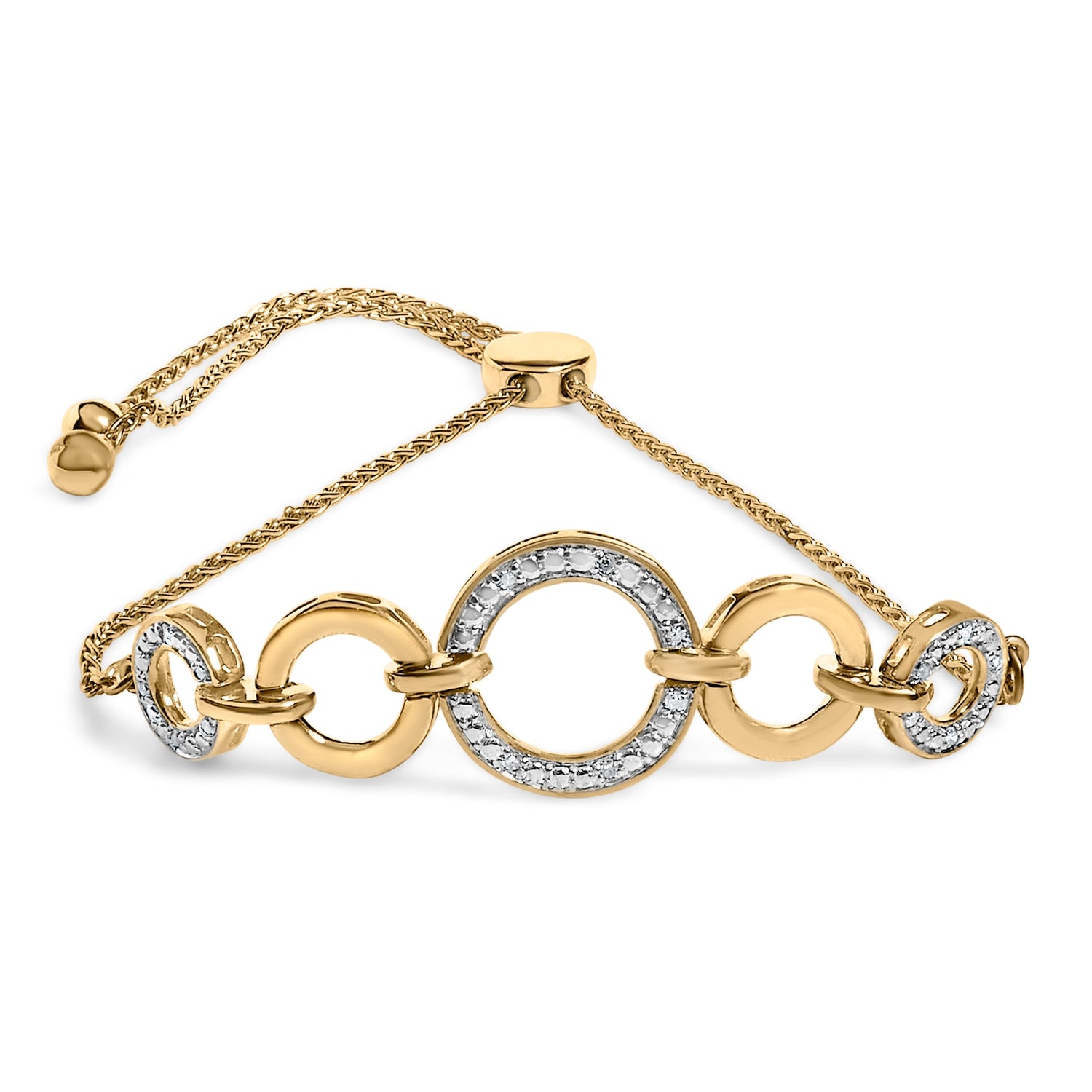 14K Yellow Gold Plated .925 Sterling Silver 1/10 Cttw Diamond Infinity Loop Adjustable Bolo Tennis Bracelet  DestGlow