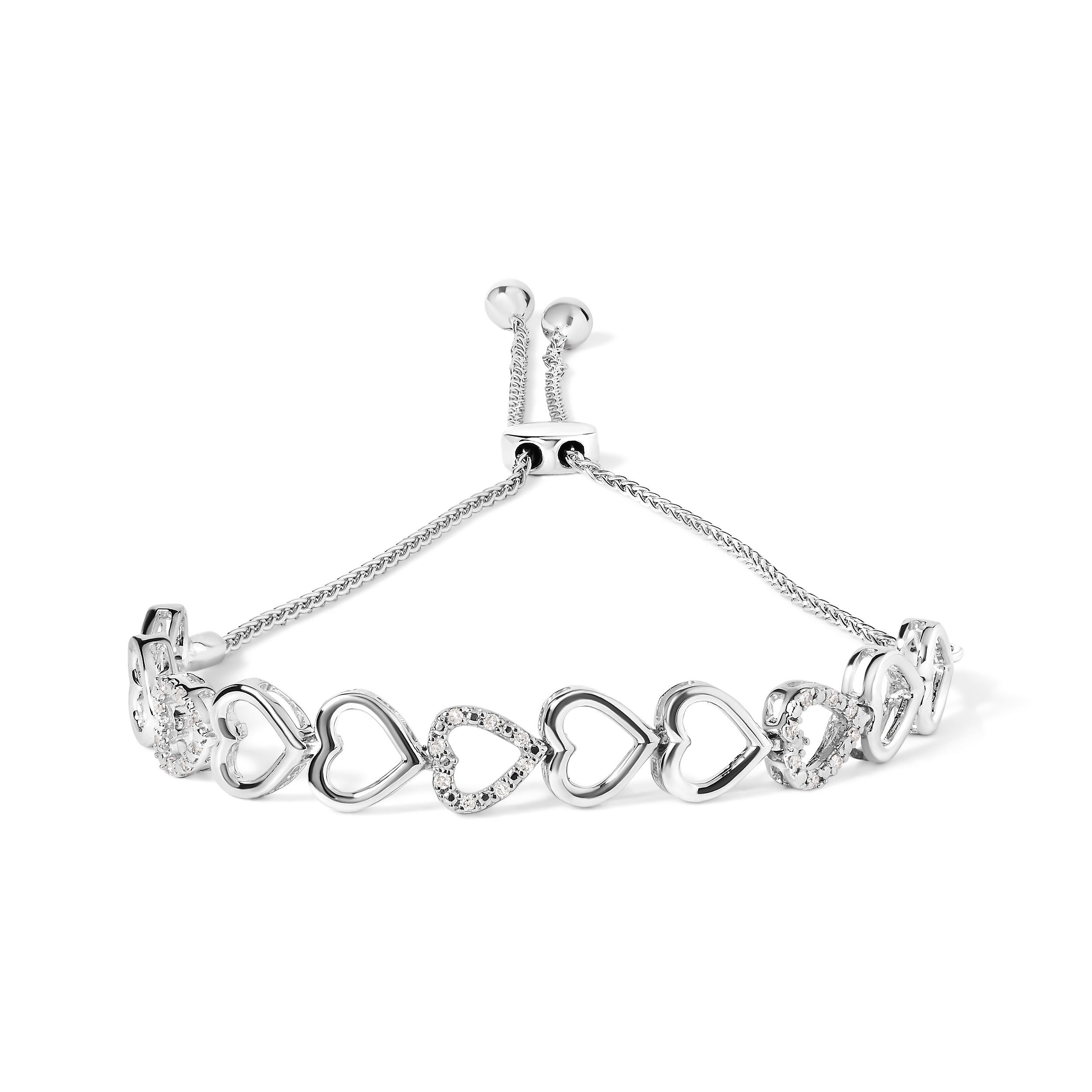 .925 Sterling Silver 1/10 Cttw Diamond Heart Link Bolo Bracelet (I-J Color, I2-I3 Clarity) by Bids.com