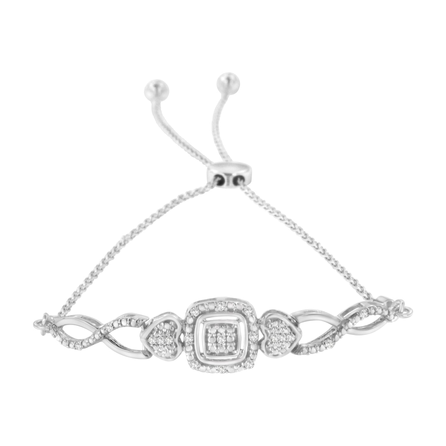 .925 Sterling Silver Diamond Cushion Frame Heart-Sides Twist 4â€-10â€ Adjustable Bolo Tennis Bolo Bracelet (I-J Color, I3 Clarity) by Bids.com