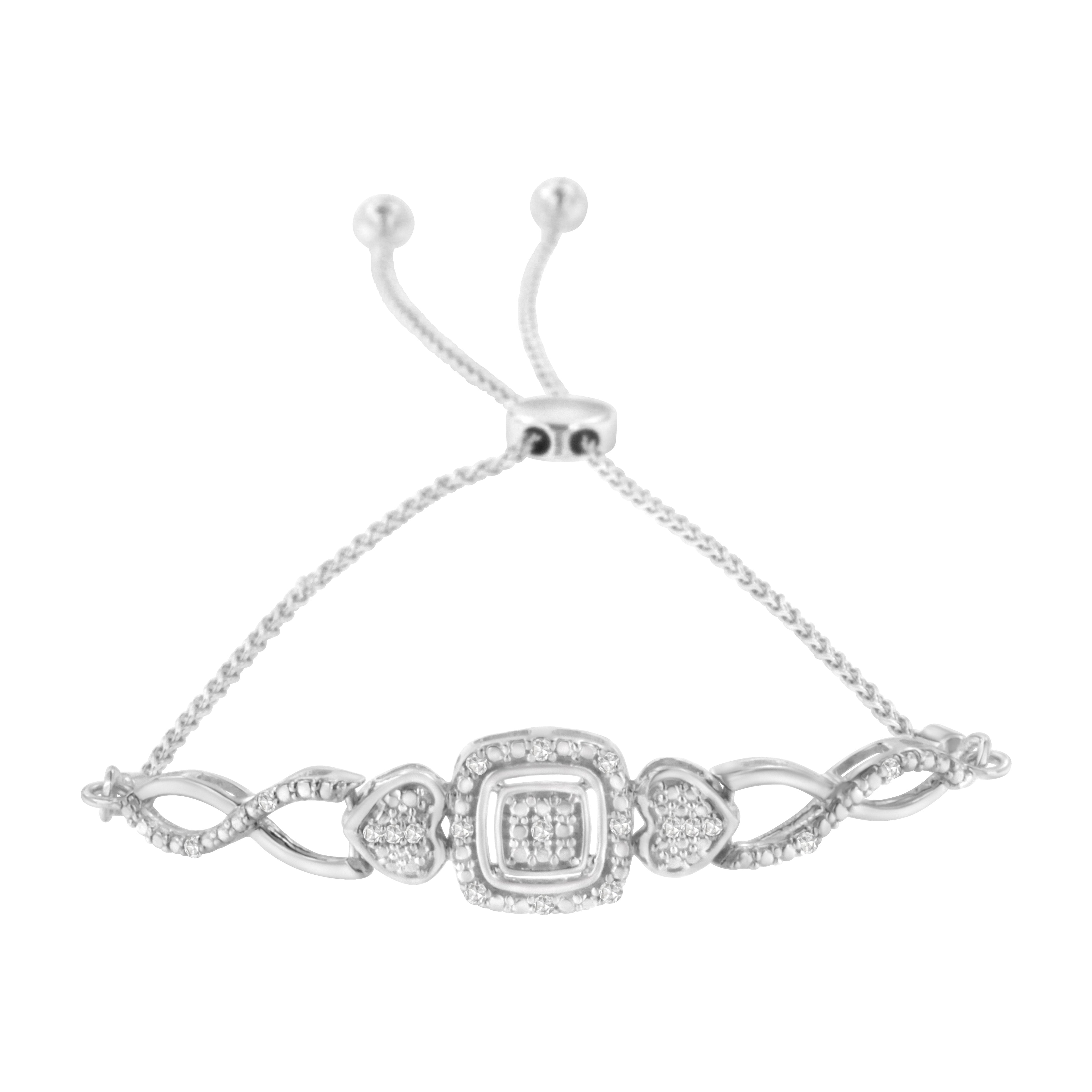 .925 Sterling Silver Diamond Cushion Frame Heart-Sides Twist 4â€-10â€ Adjustable Bolo Tennis Bolo Bracelet (I-J Color, I3 Clarity) by Bids.com