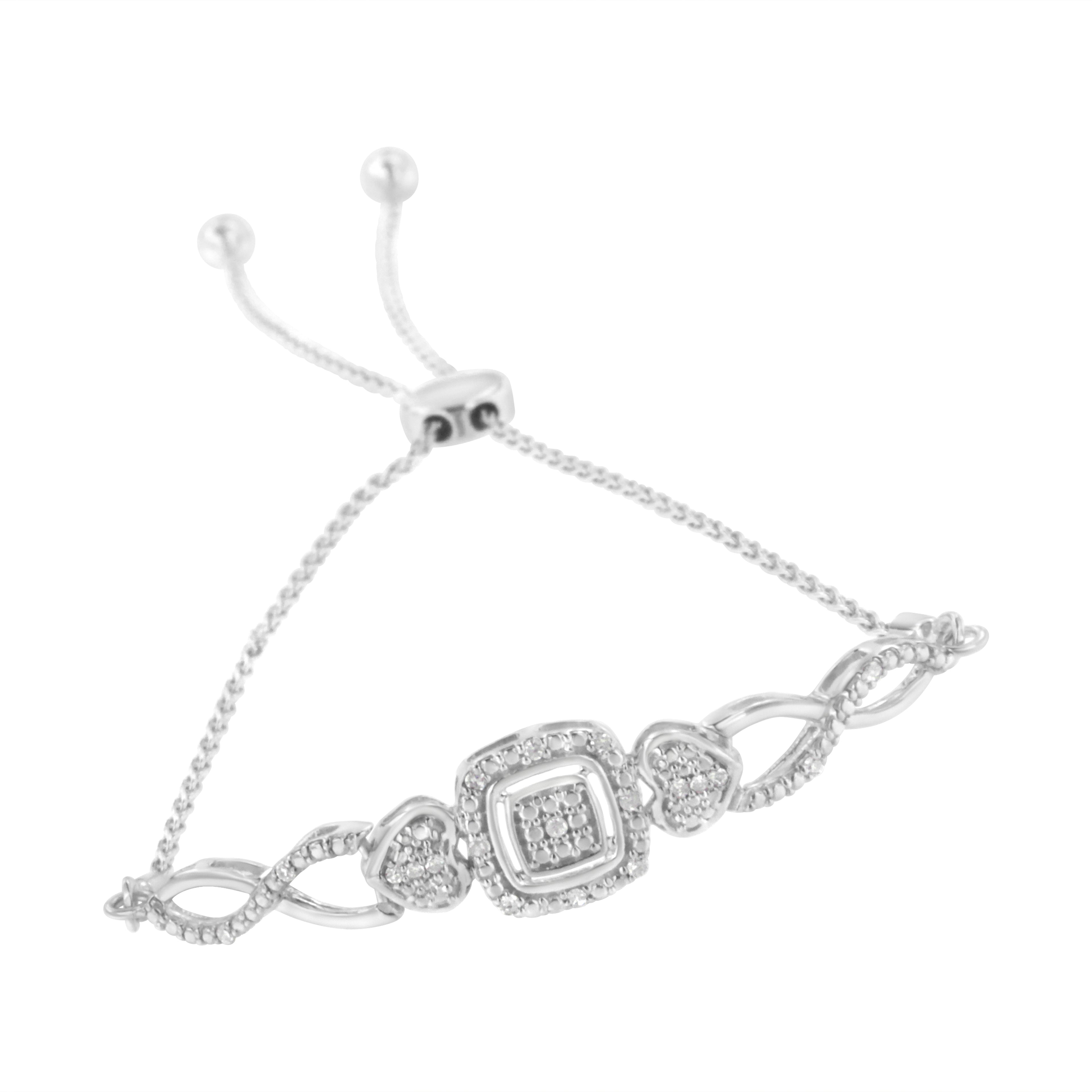 .925 Sterling Silver Diamond Cushion Frame Heart-Sides Twist 4â€-10â€ Adjustable Bolo Tennis Bolo Bracelet (I-J Color, I3 Clarity) by Bids.com