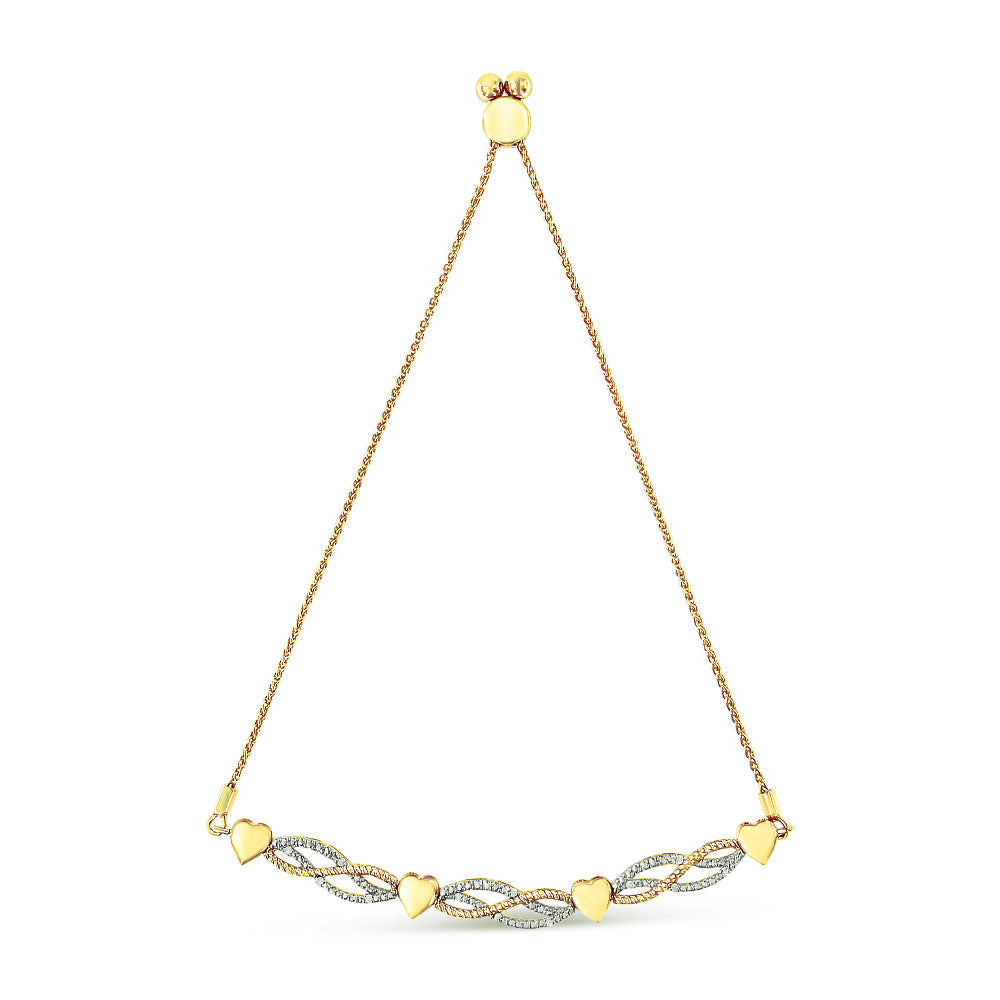14K Yellow Gold Plated .925 Sterling Silver 1/10 Cttw Diamond Wave and Hearts Bolo Bracelet (I-J Color, I2-I3 Clarity) - 4"-10" Adjustable  DestGlow