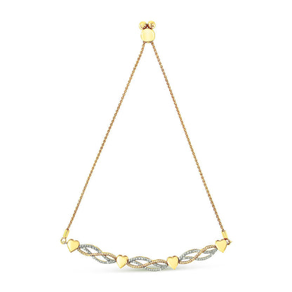14K Yellow Gold Plated .925 Sterling Silver 1/10 Cttw Diamond Wave and Hearts Bolo Bracelet (I-J Color, I2-I3 Clarity) - 4"-10" Adjustable  DestGlow