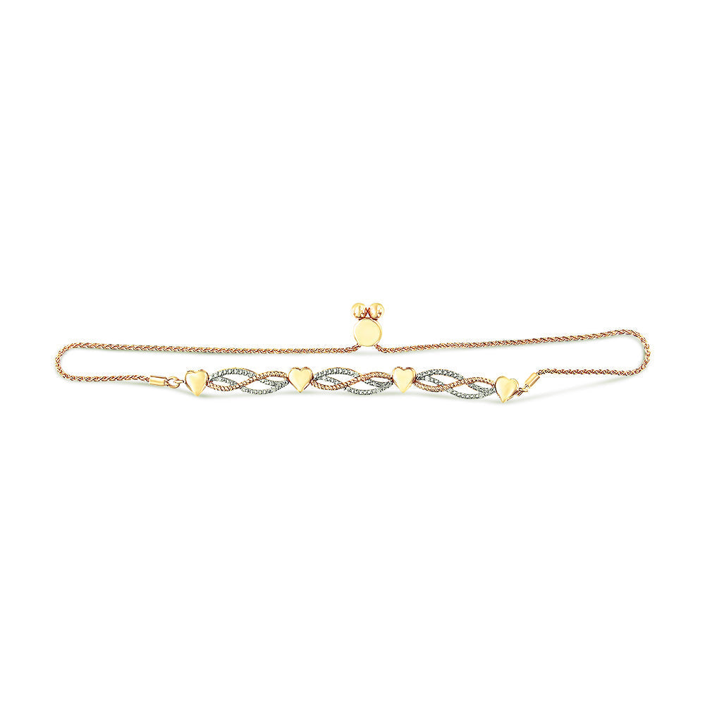 14K Yellow Gold Plated .925 Sterling Silver 1/10 Cttw Diamond Wave and Hearts Bolo Bracelet (I-J Color, I2-I3 Clarity) - 4"-10" Adjustable  DestGlow
