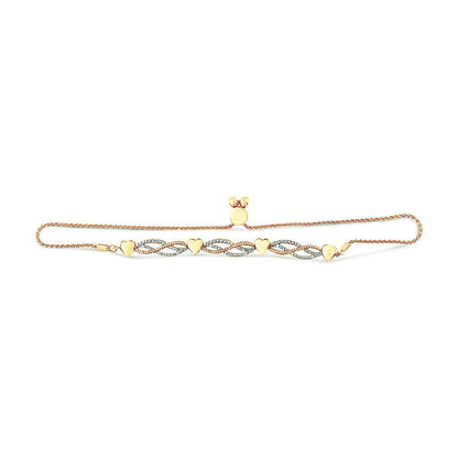 14K Yellow Gold Plated .925 Sterling Silver 1/10 Cttw Diamond Wave and Hearts Bolo Bracelet (I-J Color, I2-I3 Clarity) - 4"-10" Adjustable  DestGlow
