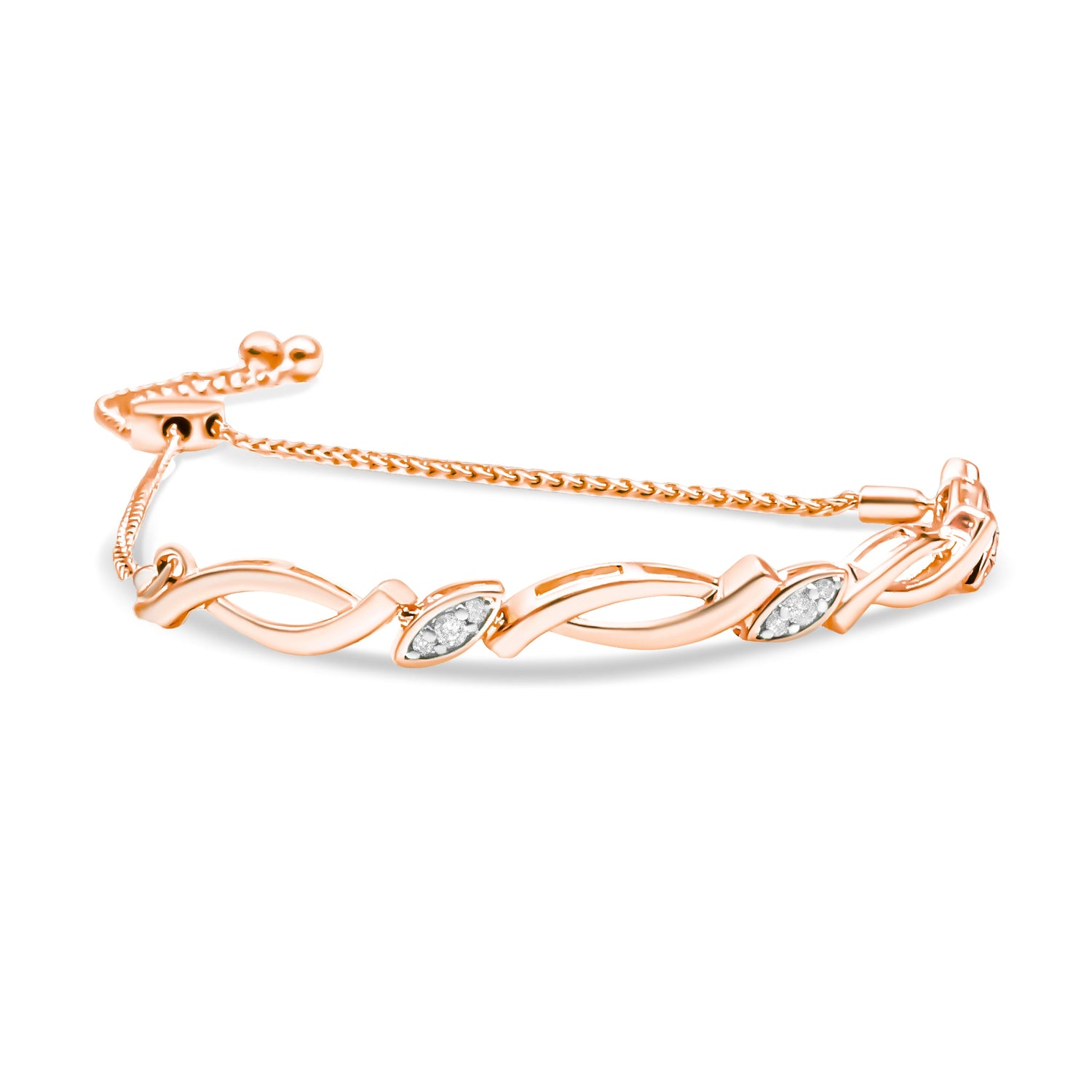 14K Rose Gold Plated .925 Sterling Silver 1/10 Cttw Diamond Alternating Swirl link Bolo Bracelet (I-J Color, I2-I3 Clarity) - 6" to 9" Adjustable by Bids.com