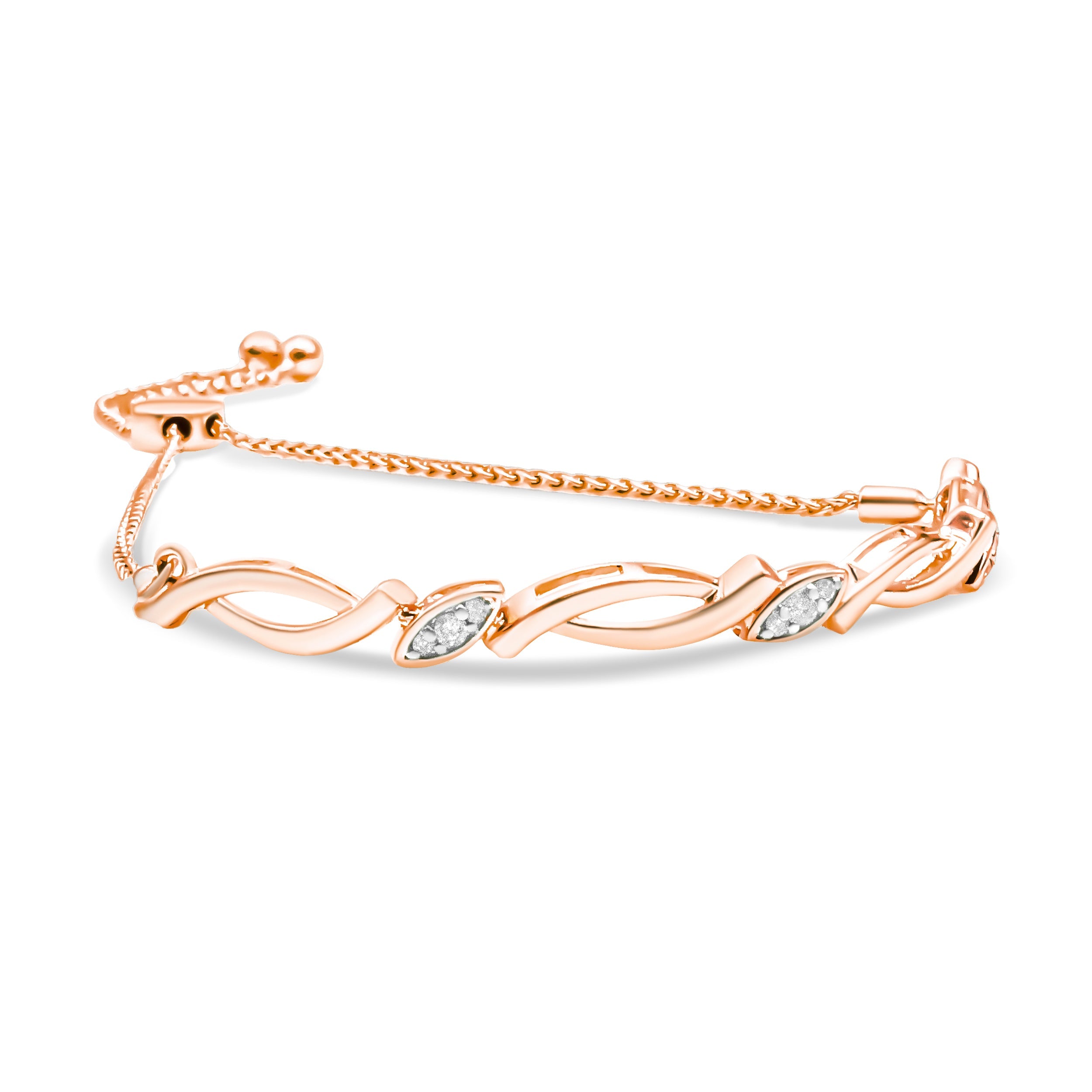 14K Rose Gold Plated .925 Sterling Silver 1/10 Cttw Diamond Alternating Swirl link Bolo Bracelet (I-J Color, I2-I3 Clarity) - 6" to 9" Adjustable by Bids.com