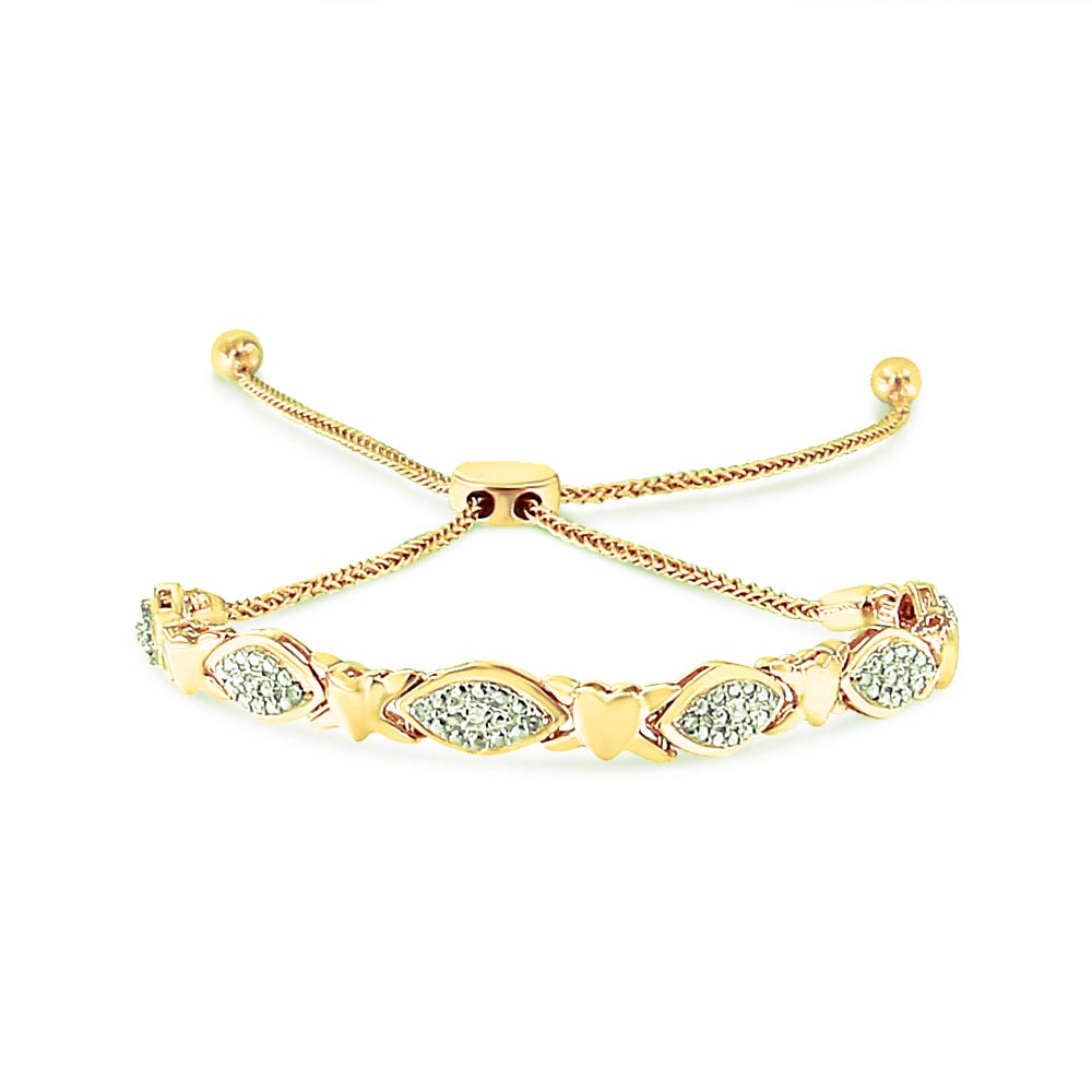 14K Yellow Gold Plated .925 Sterling Silver Diamond Accent Alternating Marquise Shape and Heart Links Bolo Bracelet (I-J Color, I3 Clarity) - Adjustable 6" to 9" by Bids.com