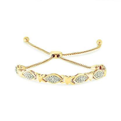 14K Yellow Gold Plated .925 Sterling Silver Diamond Accent Alternating Marquise Shape and Heart Links Bolo Bracelet (I-J Color, I3 Clarity) - Adjustable 6" to 9" by Bids.com