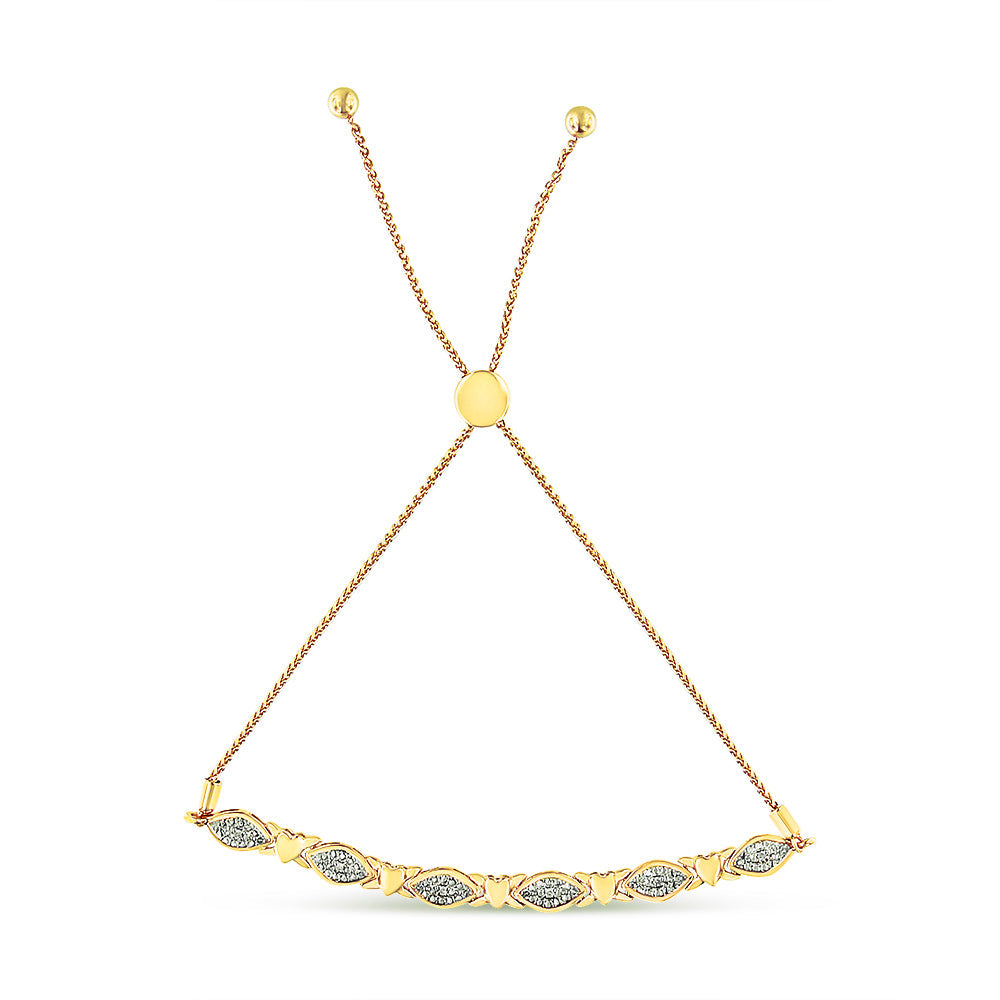 14K Yellow Gold Plated .925 Sterling Silver Diamond Accent Alternating Marquise Shape and Heart Links Bolo Bracelet (I-J Color, I3 Clarity) - Adjustable 6" to 9" by Bids.com
