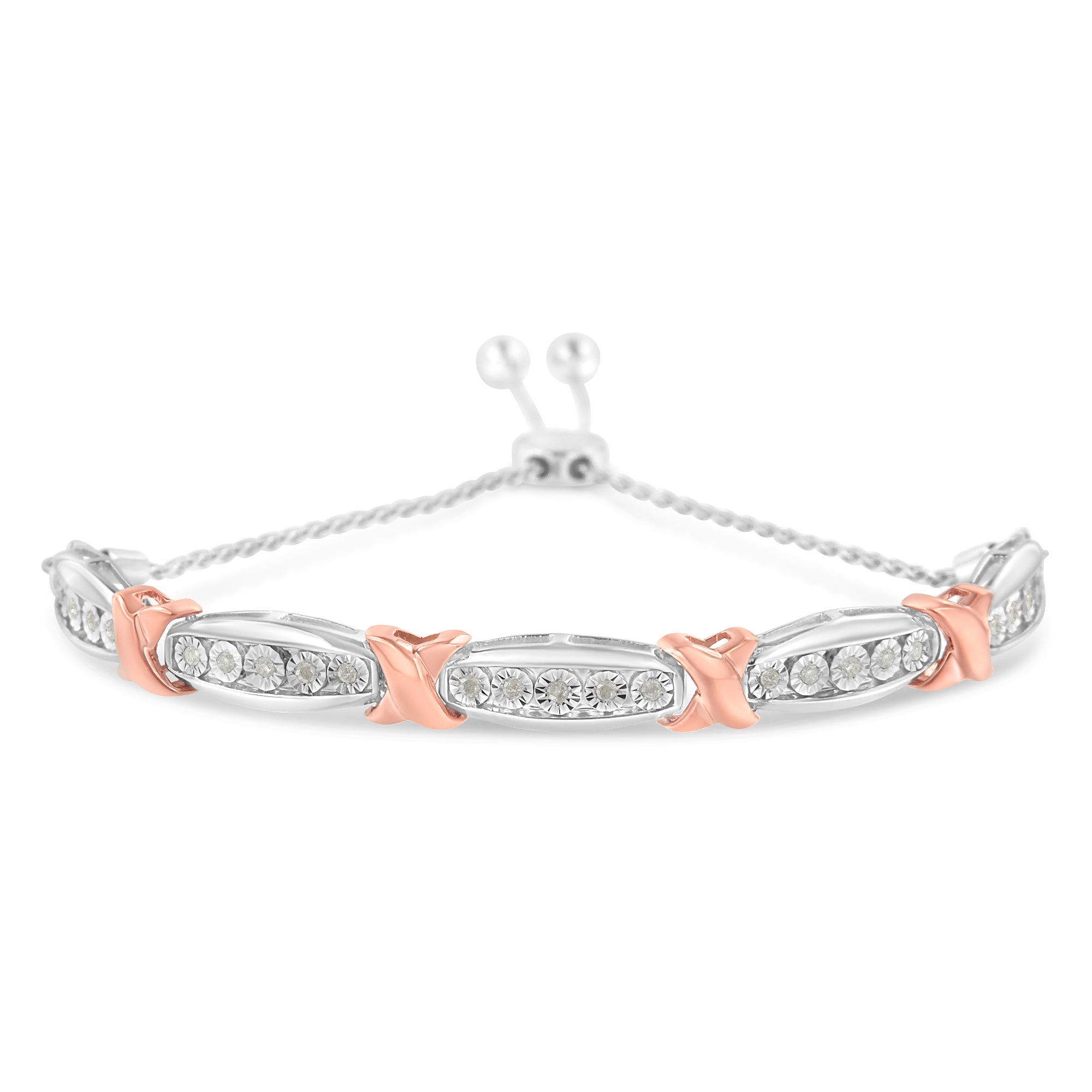 .925 Sterling Silver 1/4 Cttw Round-Cut Diamond X &amp; Tapered Bar Miracle-Set Bolo Bracelet (I-J Color, I3 Clarity) - Two Tone Rose Gold &amp; Silver by Bids.com