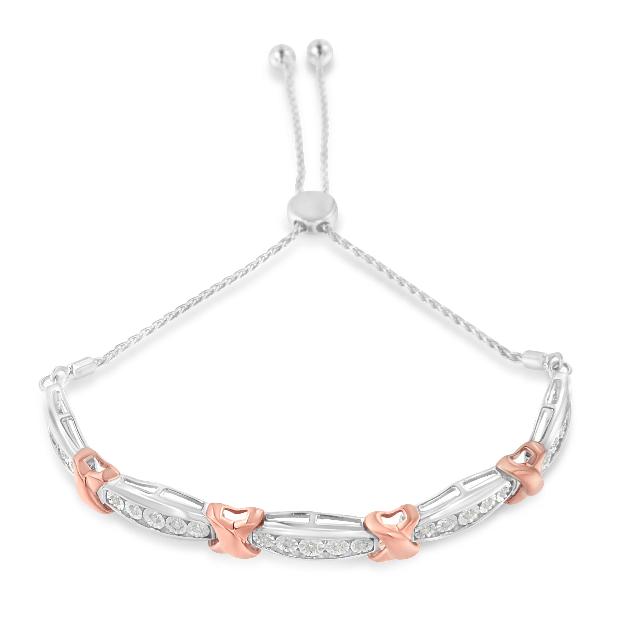 .925 Sterling Silver 1/4 Cttw Round-Cut Diamond X &amp; Tapered Bar Miracle-Set Bolo Bracelet (I-J Color, I3 Clarity) - Two Tone Rose Gold &amp; Silver by Bids.com