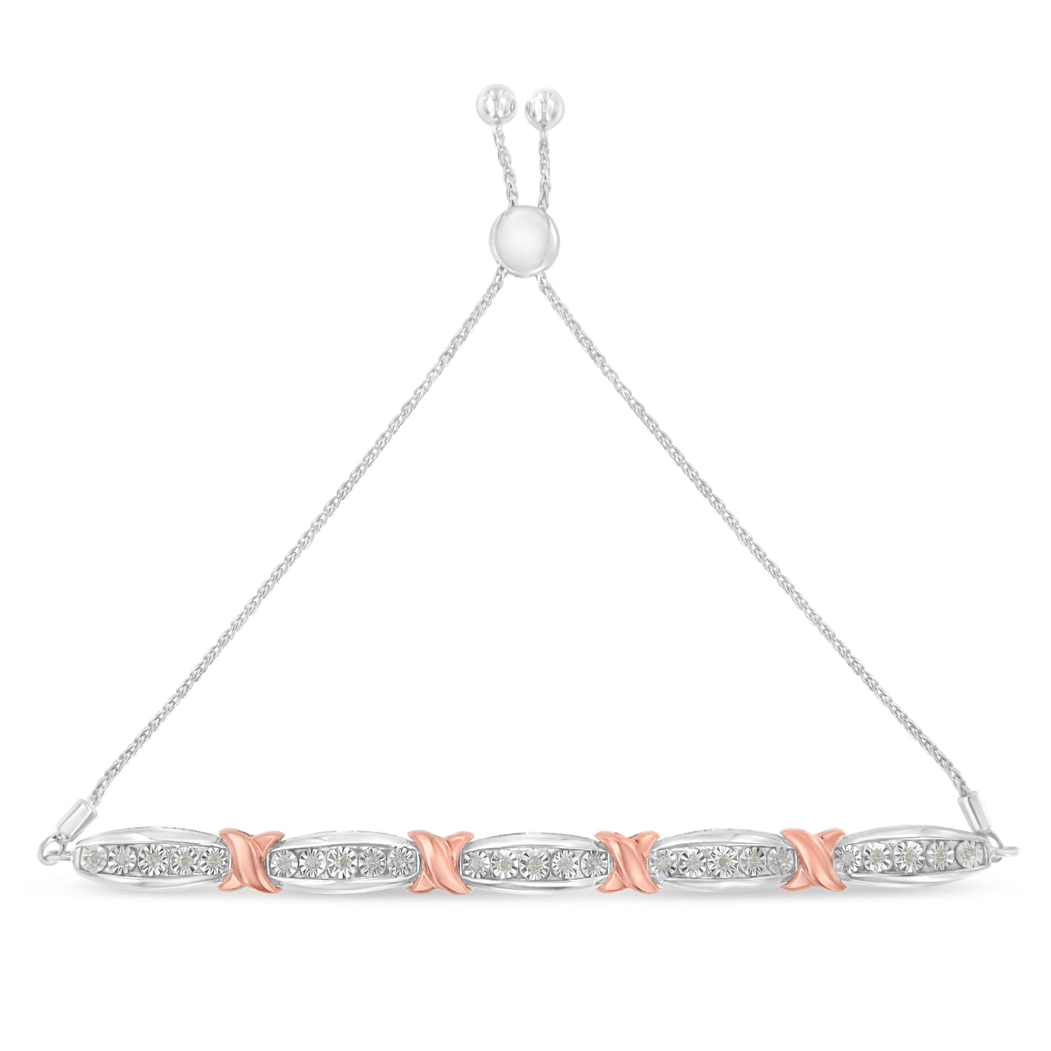 .925 Sterling Silver 1/4 Cttw Round-Cut Diamond X &amp; Tapered Bar Miracle-Set Bolo Bracelet (I-J Color, I3 Clarity) - Two Tone Rose Gold &amp; Silver by Bids.com