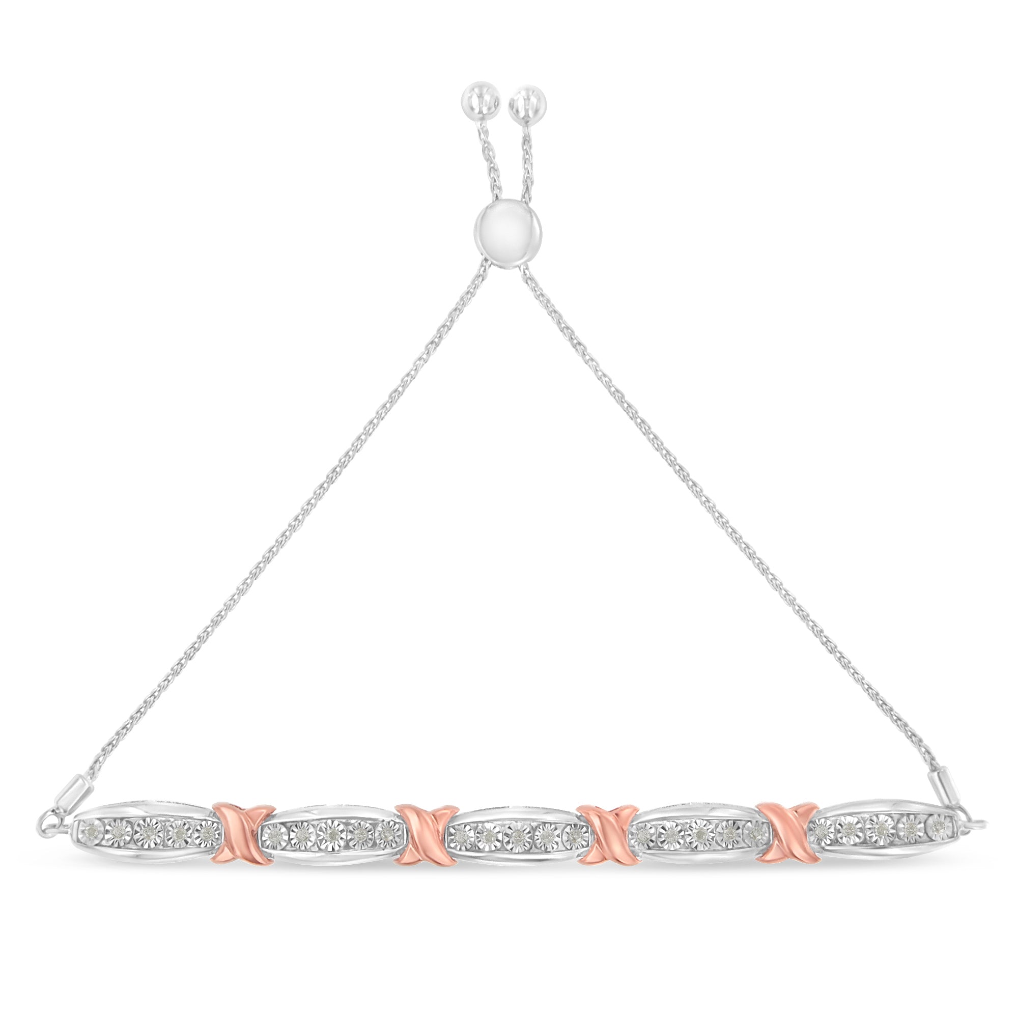 .925 Sterling Silver 1/4 Cttw Round-Cut Diamond X &amp; Tapered Bar Miracle-Set Bolo Bracelet (I-J Color, I3 Clarity) - Two Tone Rose Gold &amp; Silver by Bids.com