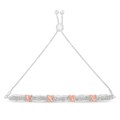 .925 Sterling Silver 1/4 Cttw Round-Cut Diamond X &amp; Tapered Bar Miracle-Set Bolo Bracelet (I-J Color, I3 Clarity) - Two Tone Rose Gold &amp; Silver by Bids.com