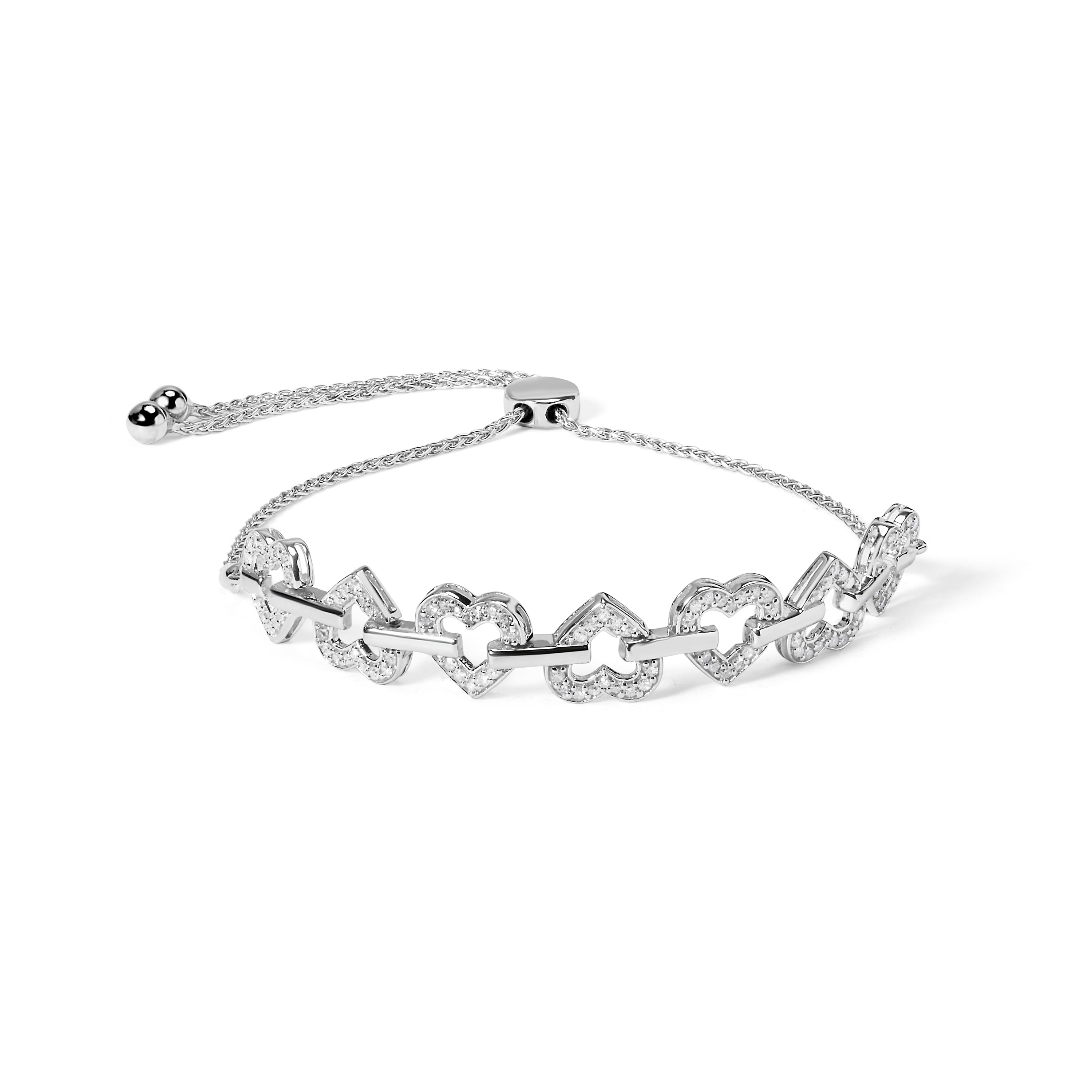 .925 Sterling Silver 1/2 Cttw Diamond Alternating Heart Link Adjustable Bolo Bracelet (I-J Color, I3 Clarity) - 4" to 10" Inches by Bids.com