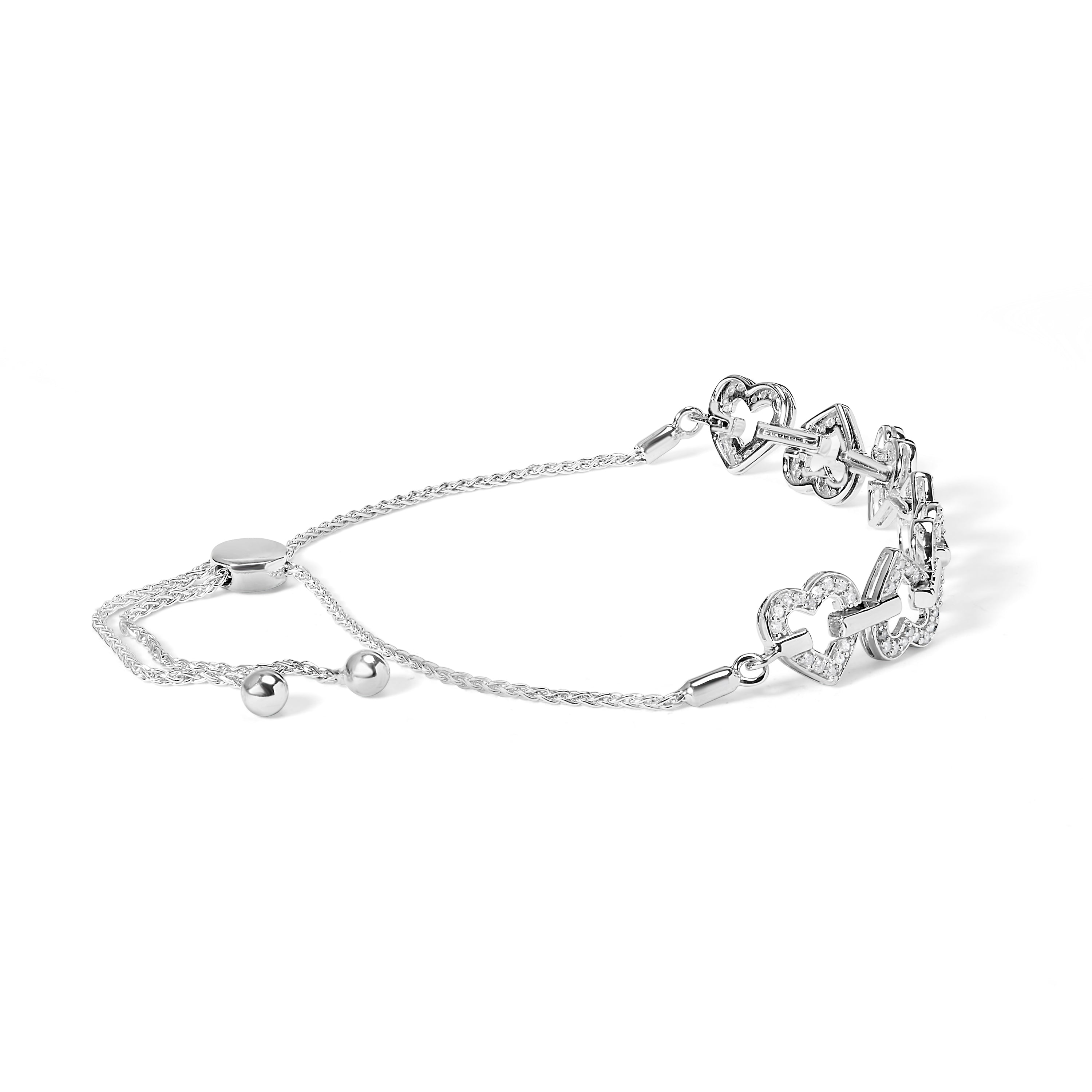 .925 Sterling Silver 1/2 Cttw Diamond Alternating Heart Link Adjustable Bolo Bracelet (I-J Color, I3 Clarity) - 4" to 10" Inches by Bids.com