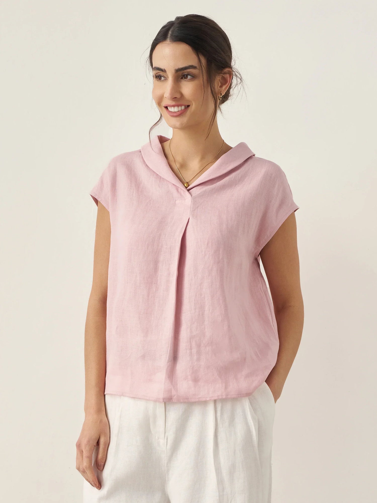 100% Linen Shawl V-Neck Cap Sleeves Top ELARA by LINTICO