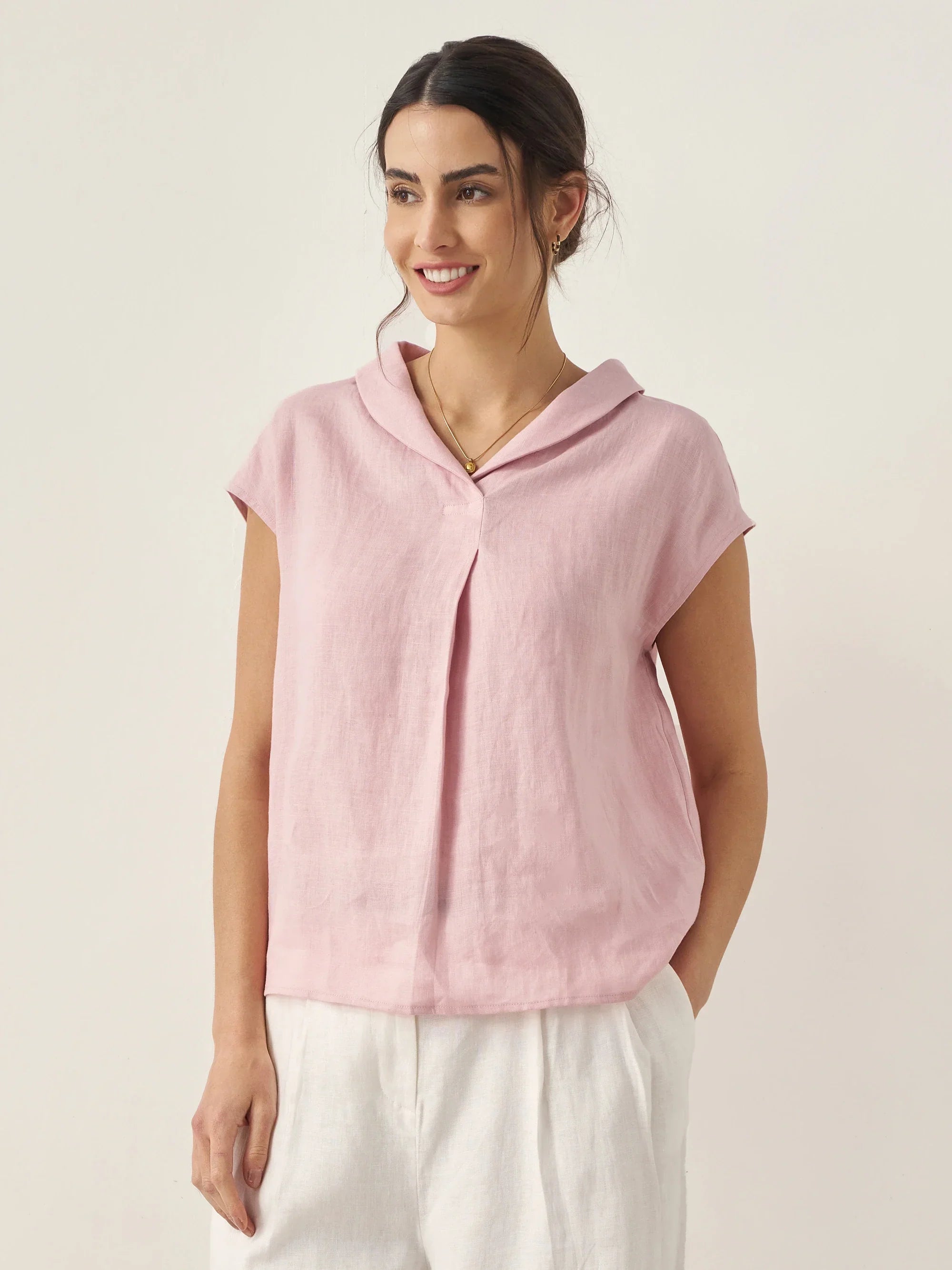 100% Linen Shawl V-Neck Cap Sleeves Top ELARA by LINTICO