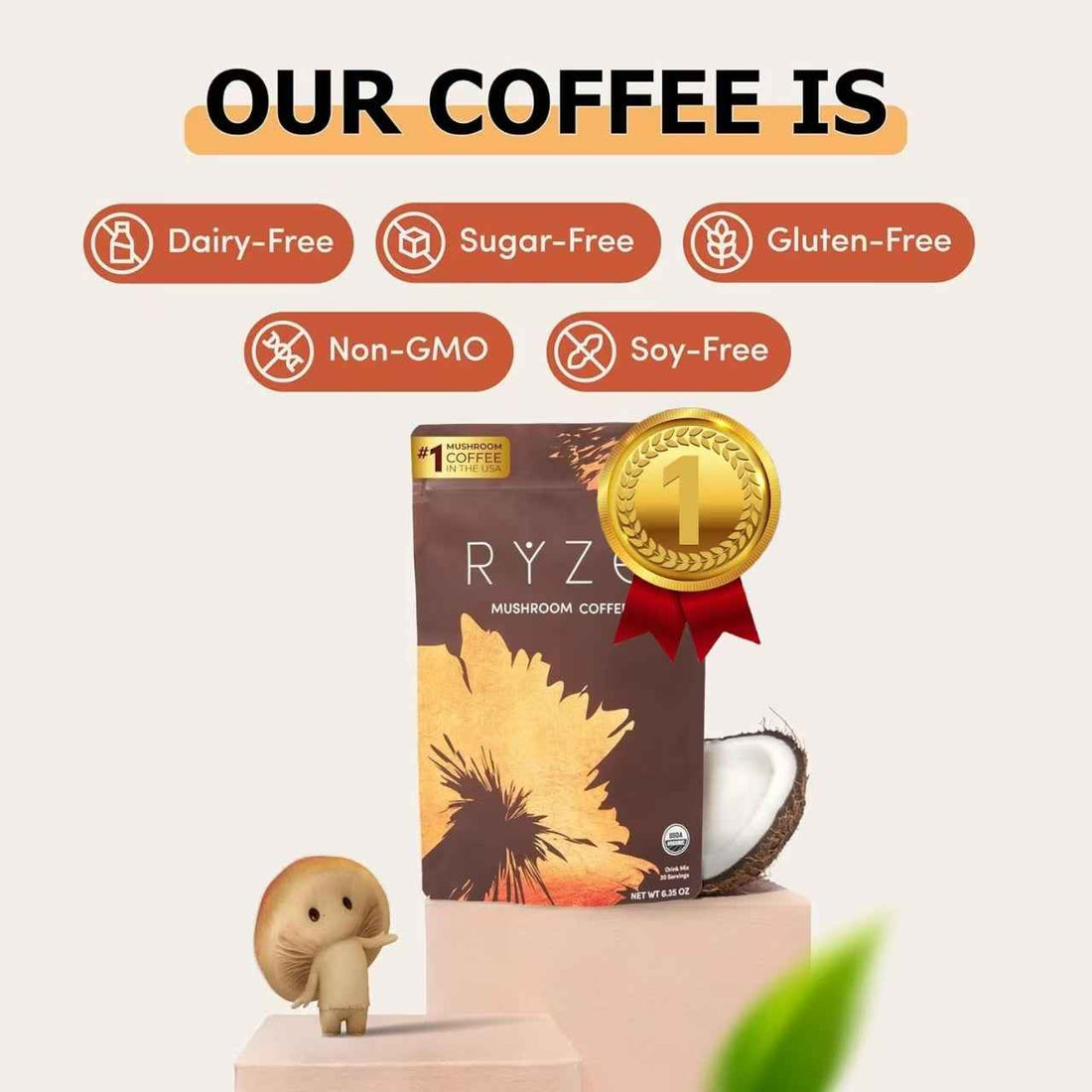 RYZE SUPERFOODS Mushroom Medium Roast Coffee Starter Kit, USDA Organic Instant Coffee with 6 Adaptogenic Mushrooms and for Energy, Focus, Digestion, Immunity with Lions Mane &amp; Turkey Tail 30 Serving