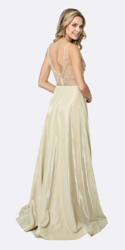 Juliet 699 Metallic Glitter Dress Embellished Bodice V-Neck Sleeveless by DiscountDressShop