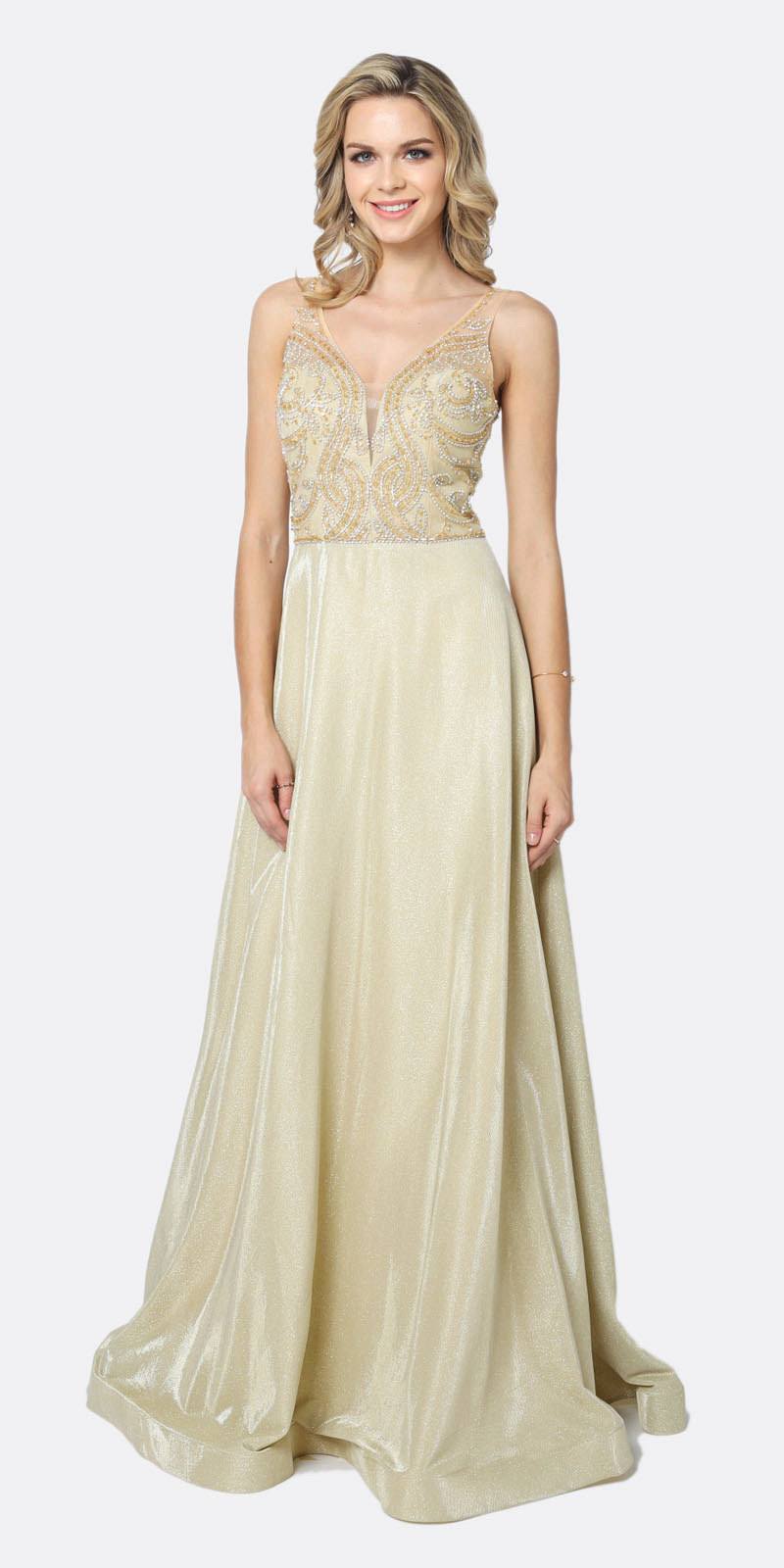 Juliet 699 Metallic Glitter Dress Embellished Bodice V-Neck Sleeveless by DiscountDressShop