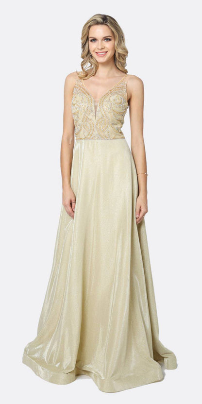 Juliet 699 Metallic Glitter Dress Embellished Bodice V-Neck Sleeveless by DiscountDressShop