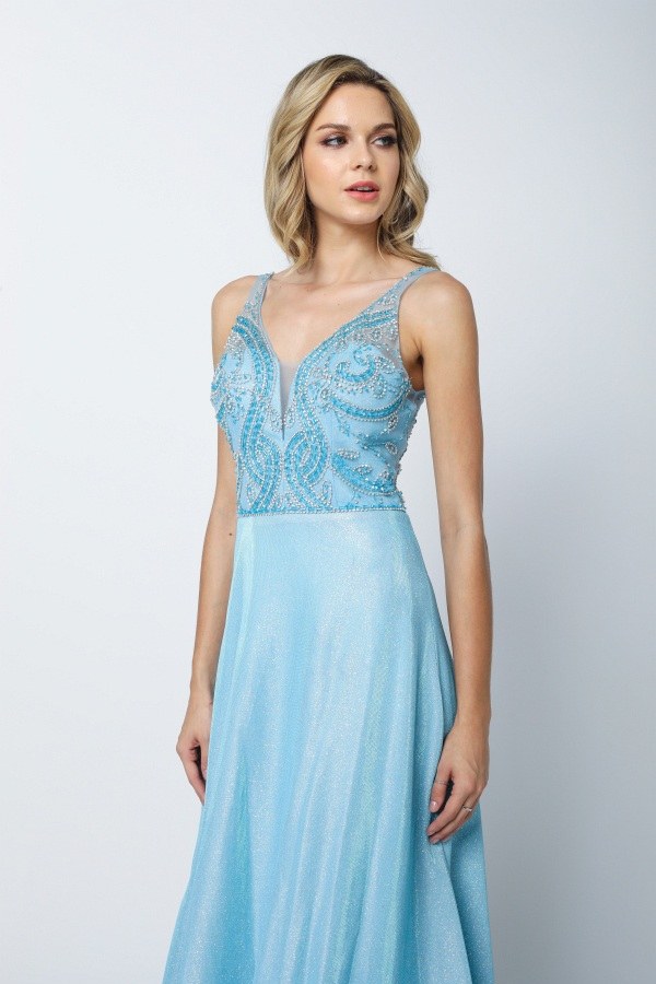Juliet 699 Metallic Glitter Dress Embellished Bodice V-Neck Sleeveless by DiscountDressShop