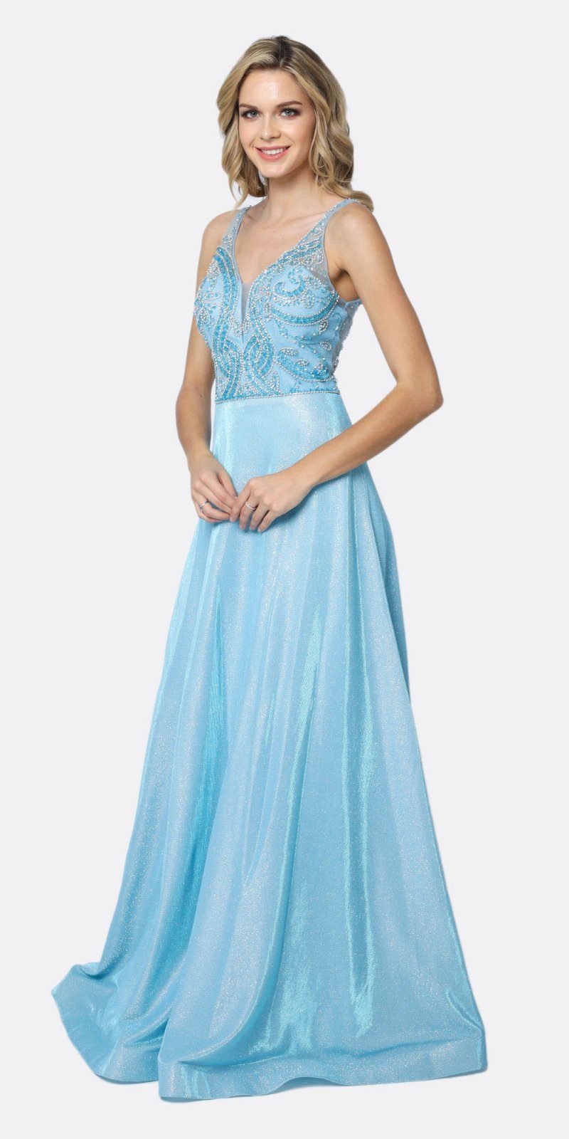 Juliet 699 Metallic Glitter Dress Embellished Bodice V-Neck Sleeveless by DiscountDressShop