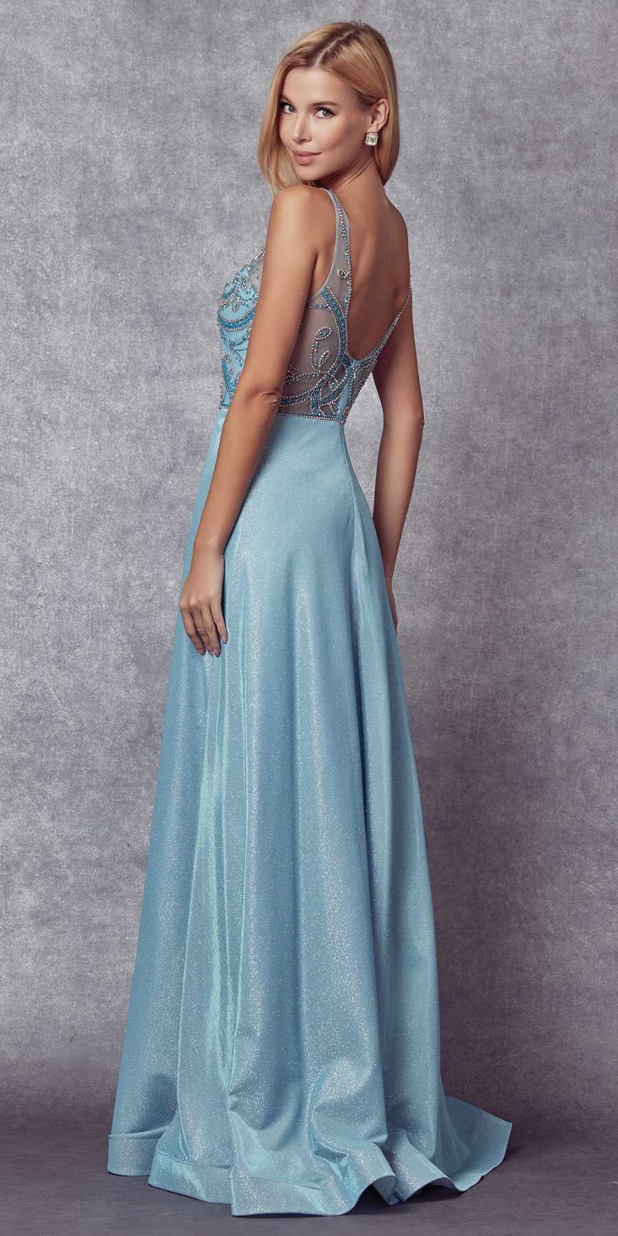 Juliet 699 Metallic Glitter Dress Embellished Bodice V-Neck Sleeveless by DiscountDressShop