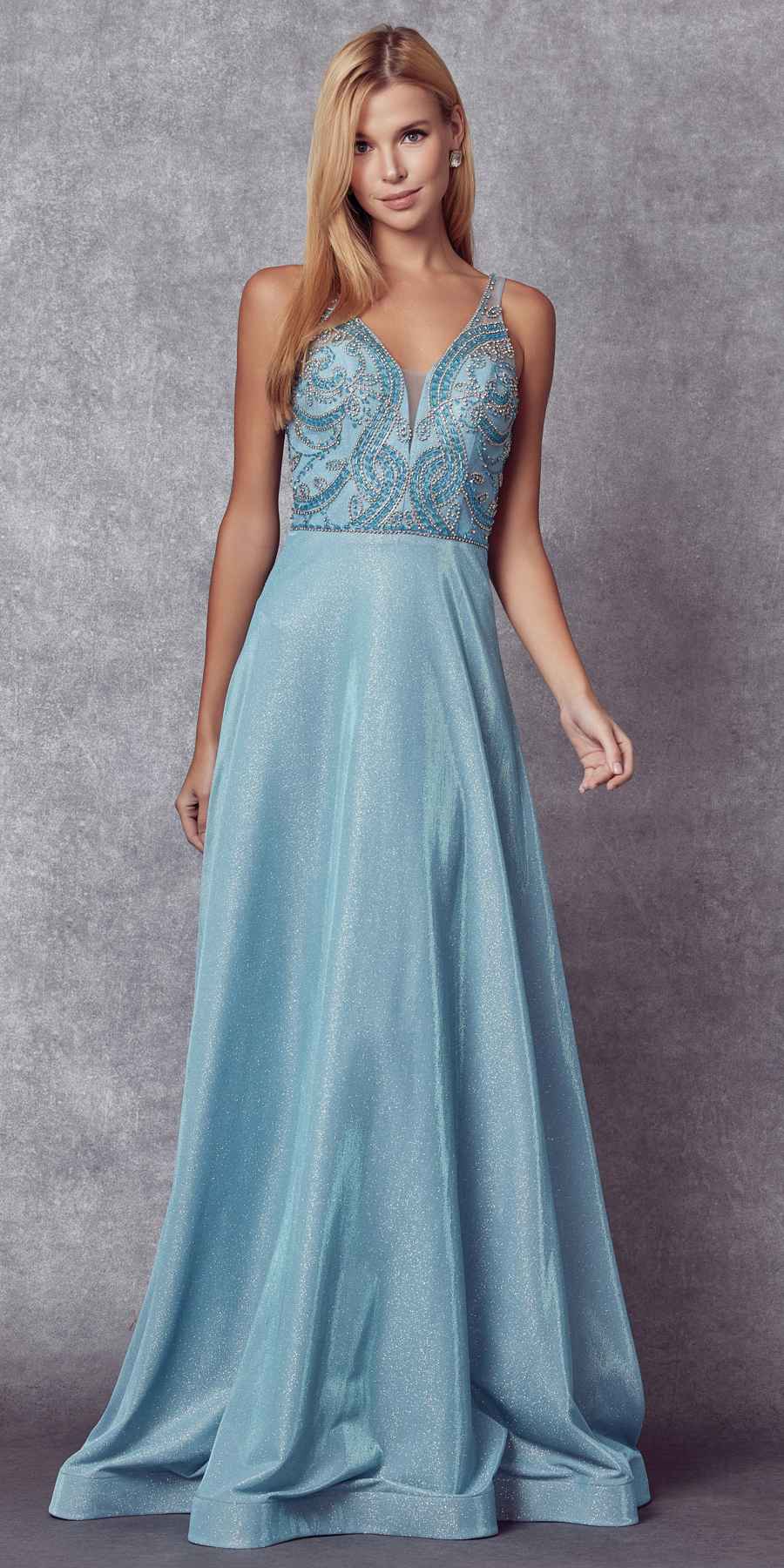 Juliet 699 Metallic Glitter Dress Embellished Bodice V-Neck Sleeveless by DiscountDressShop