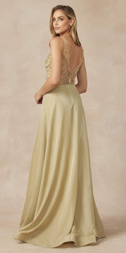 Juliet 699 Metallic Glitter Dress Embellished Bodice V-Neck Sleeveless by DiscountDressShop