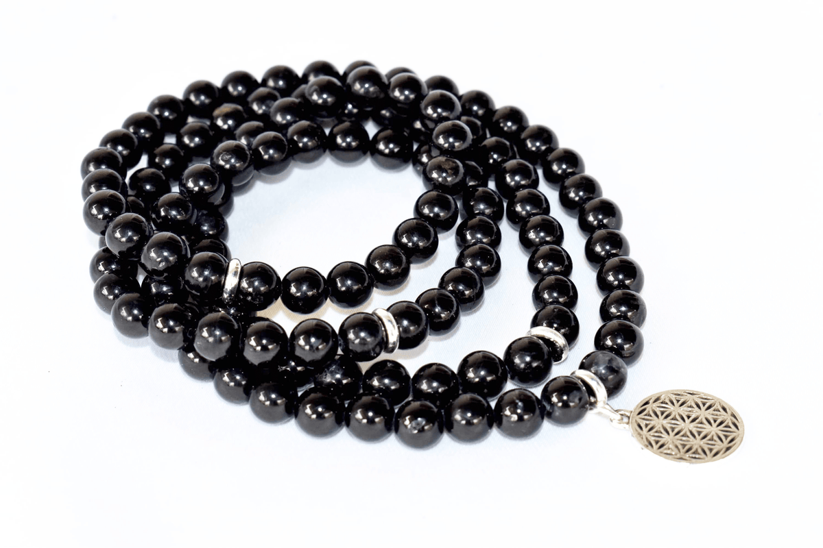 Black Tourmaline Beads Mala Bracelet, 108 Prayer Beads Necklace (Physical Ailments and Growth)  DestGlow