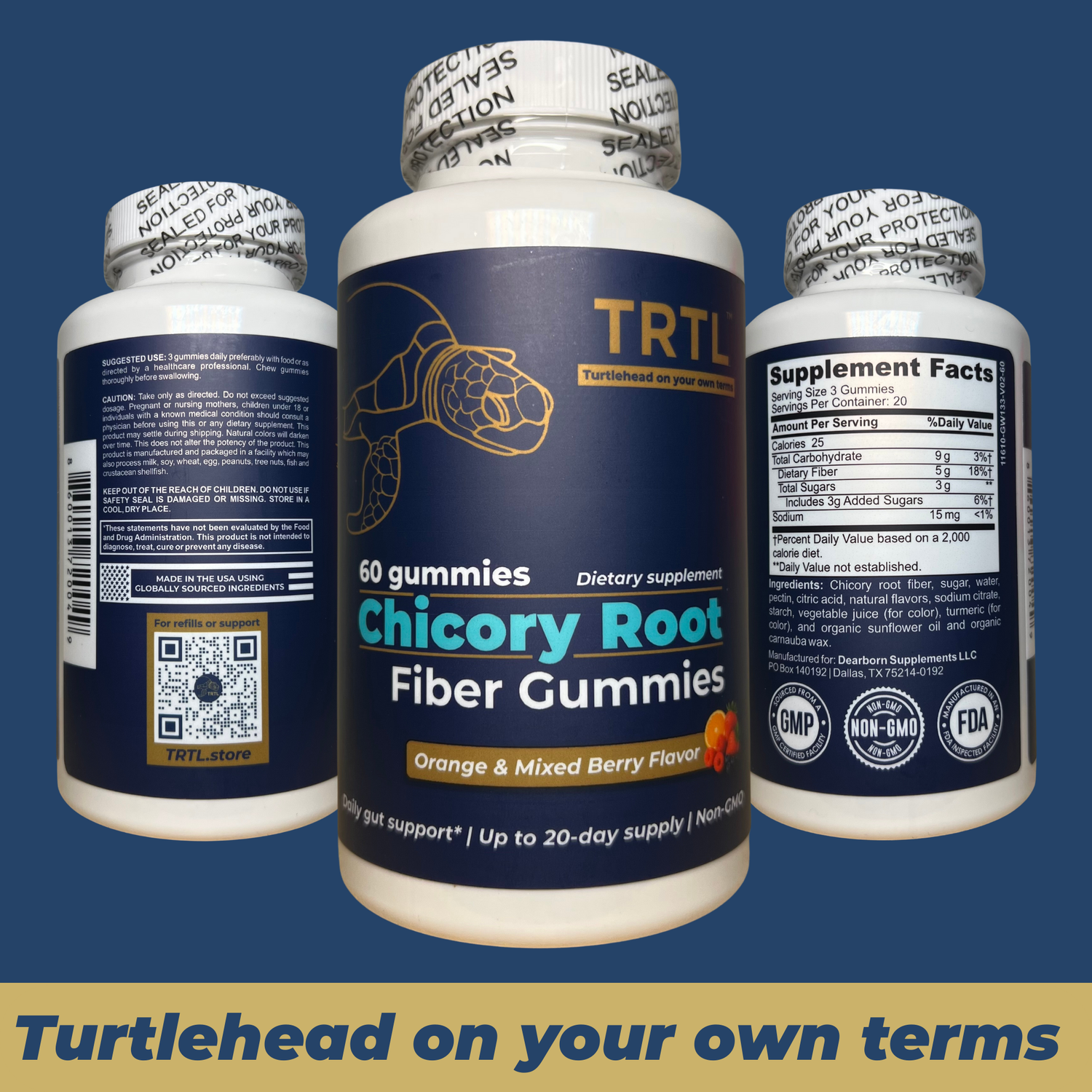 TRTL Fiber Gummies - 60 Count - Daily Prebiotic Fiber Supplement - Orange &amp; Mixed Berry Flavor