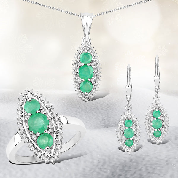 3.52 Carat Genuine Zambian Emerald and White Topaz .925 Sterling Silver 3 Piece Jewelry Set (Ring, Earrings, and Pendant w/ Chain) by Bids.com