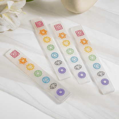 6" Selenite Charging Plate with 7 Chakra Signs, Engraved Chakra Selenite Plate  DestGlow