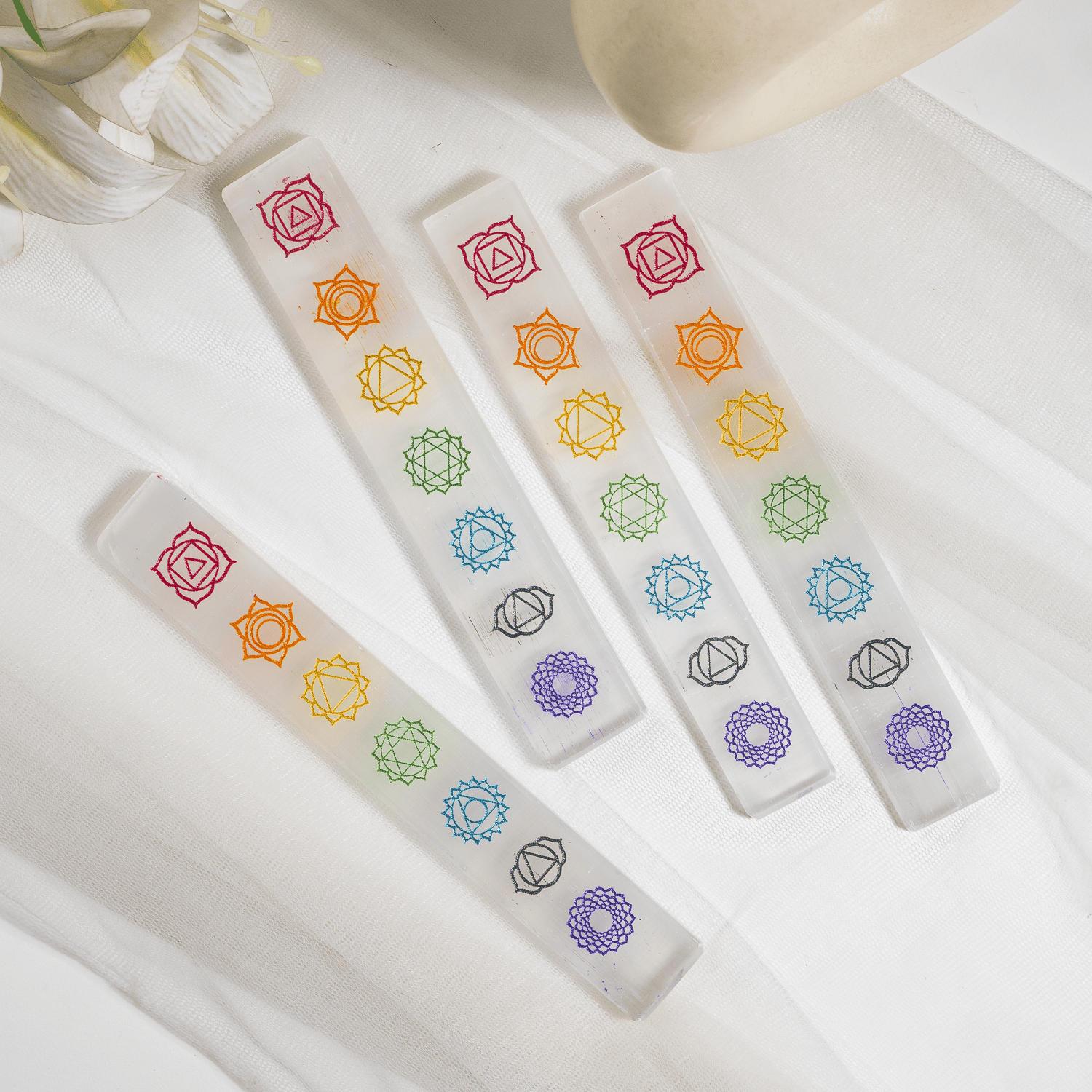 6" Selenite Charging Plate with 7 Chakra Signs, Engraved Chakra Selenite Plate  DestGlow