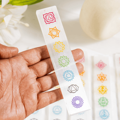 6" Selenite Charging Plate with 7 Chakra Signs, Engraved Chakra Selenite Plate  DestGlow