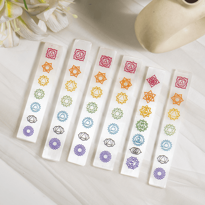 6" Selenite Charging Plate with 7 Chakra Signs, Engraved Chakra Selenite Plate  DestGlow