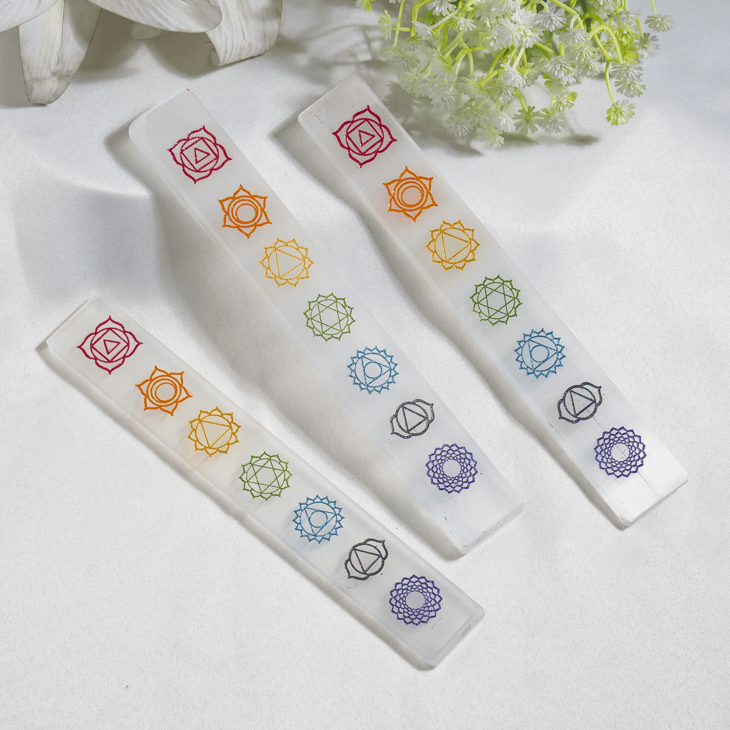 6" Selenite Charging Plate with 7 Chakra Signs, Engraved Chakra Selenite Plate  DestGlow