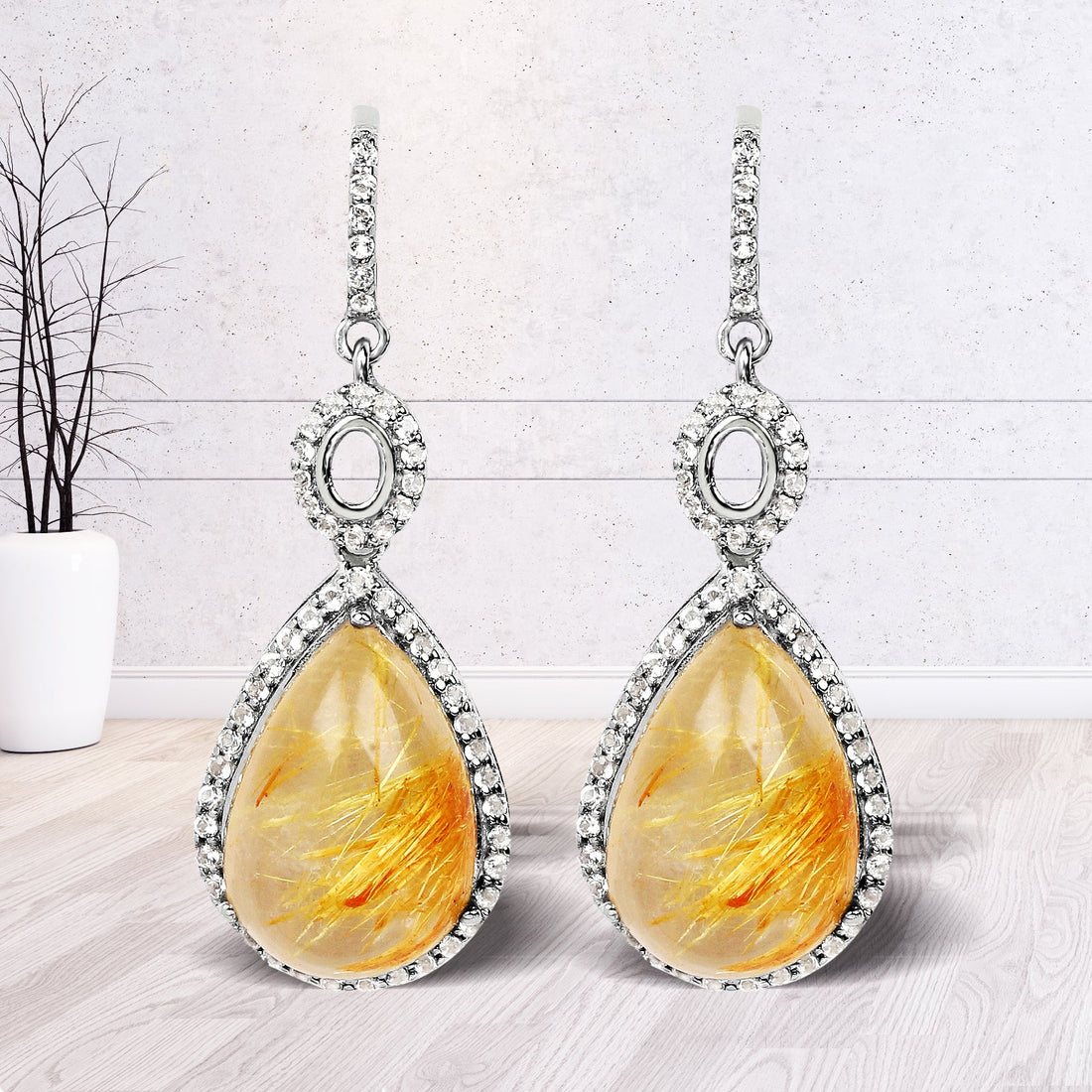 10.04 Carat Genuine Golden Rutile And White Topaz .925 Sterling Silver Earrings by Bids.com