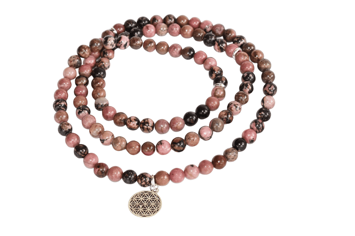 Rhodonite Beads Mala Bracelet, 108 Prayer Beads Necklace (Balances yin-yang and Compassion)  DestGlow
