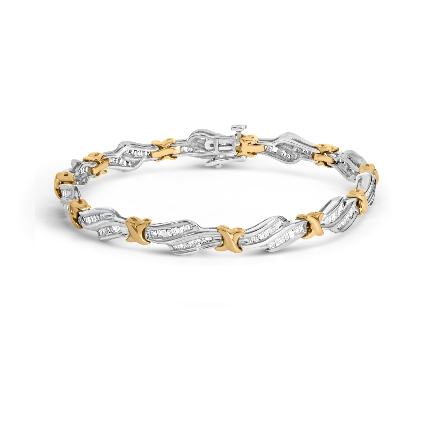 10k Two-Toned Gold 2.00 Cttw Channel Set Baguette-Diamond Weave and "X" Spiral Link Bracelet (H-I Color, I1-I2 Clarity) - 7" by Bids.com