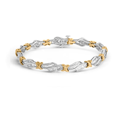 10k Two-Toned Gold 2.00 Cttw Channel Set Baguette-Diamond Weave and "X" Spiral Link Bracelet (H-I Color, I1-I2 Clarity) - 7" by Bids.com