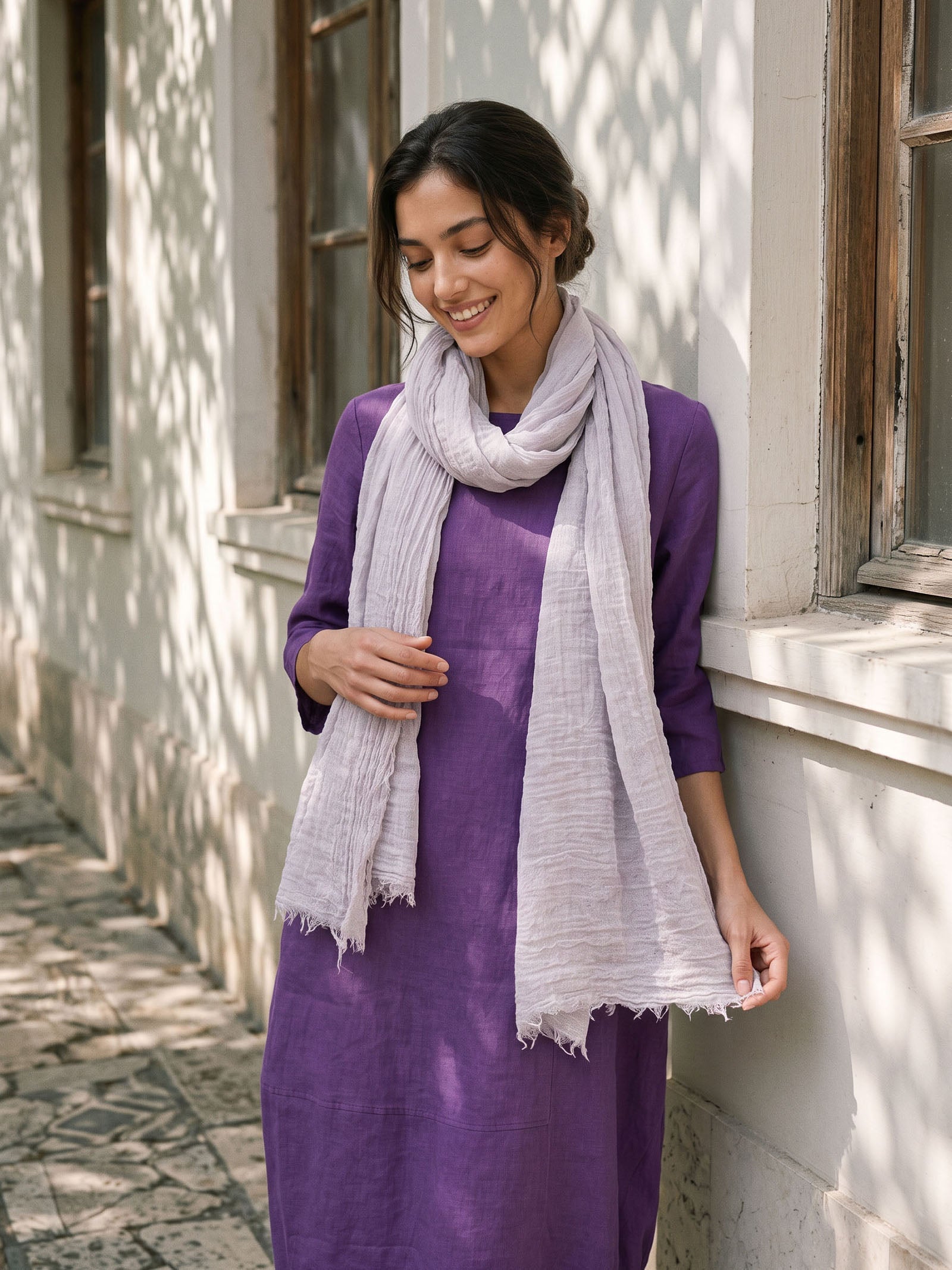 Wool Tencel Solid Ruched Lightweight Scarf