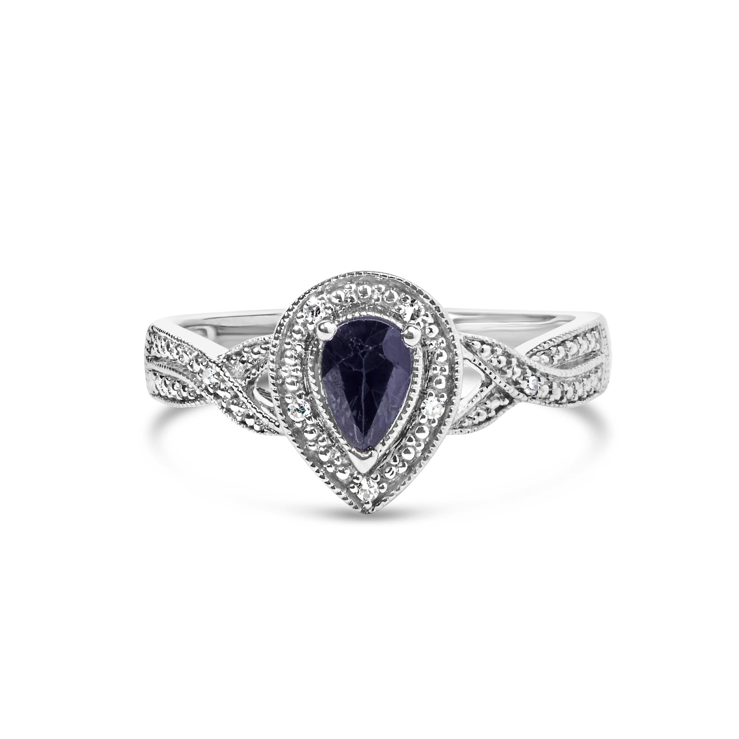 .925 Sterling Silver 6x4mm Pear Sapphire Gemstone with Diamond Accent Fashion Halo Ring (H-I Color, SI1-SI2 Clarity) - Size 7.5 by Bids.com