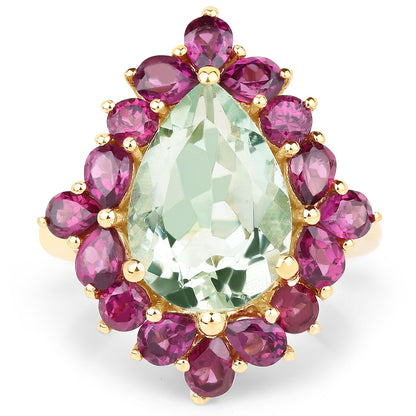 14K Yellow Gold Plated 7.21 Carat Genuine Green Amethyst and Rhodolite .925 Sterling Silver Ring by Bids.com