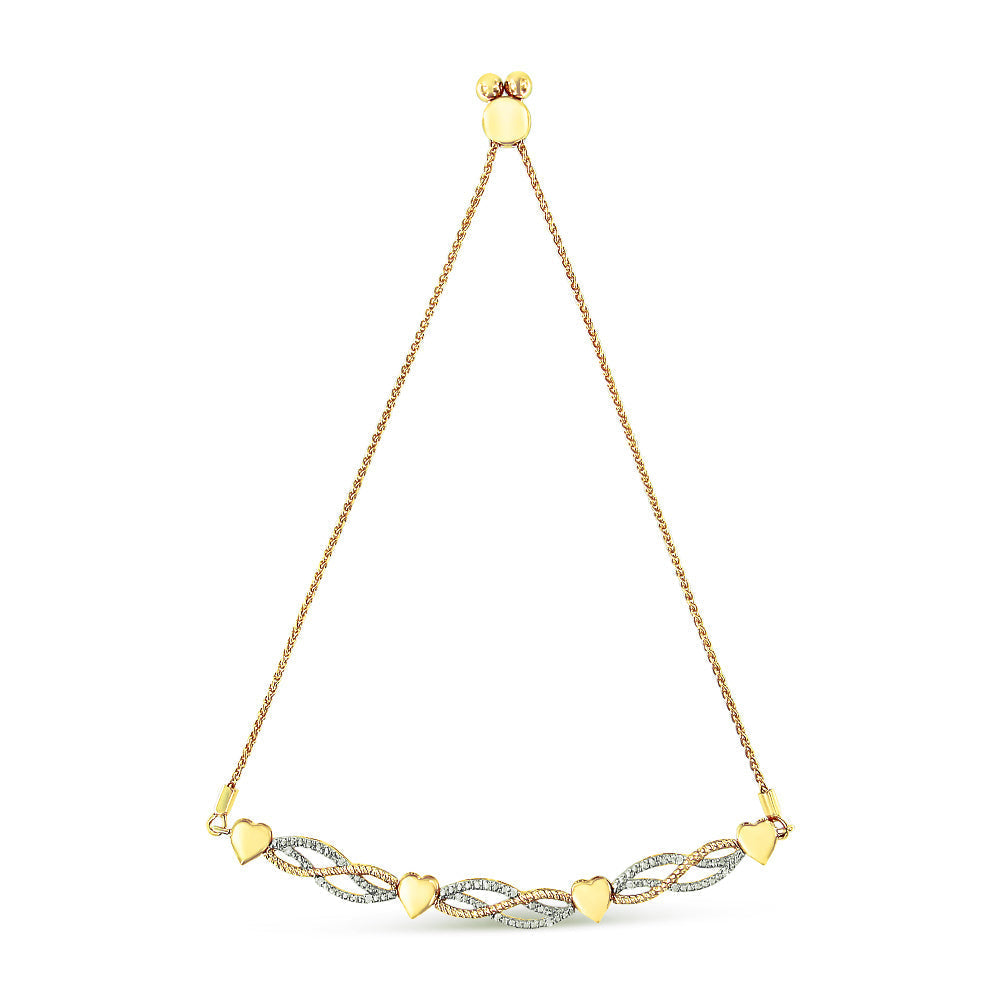 14K Yellow Gold Plated .925 Sterling Silver 1/10 Cttw Diamond Wave and Hearts Bolo Bracelet (I-J Color, I2-I3 Clarity) - 4"-10" Adjustable  DestGlow