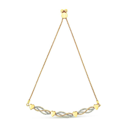 14K Yellow Gold Plated .925 Sterling Silver 1/10 Cttw Diamond Wave and Hearts Bolo Bracelet (I-J Color, I2-I3 Clarity) - 4"-10" Adjustable  DestGlow